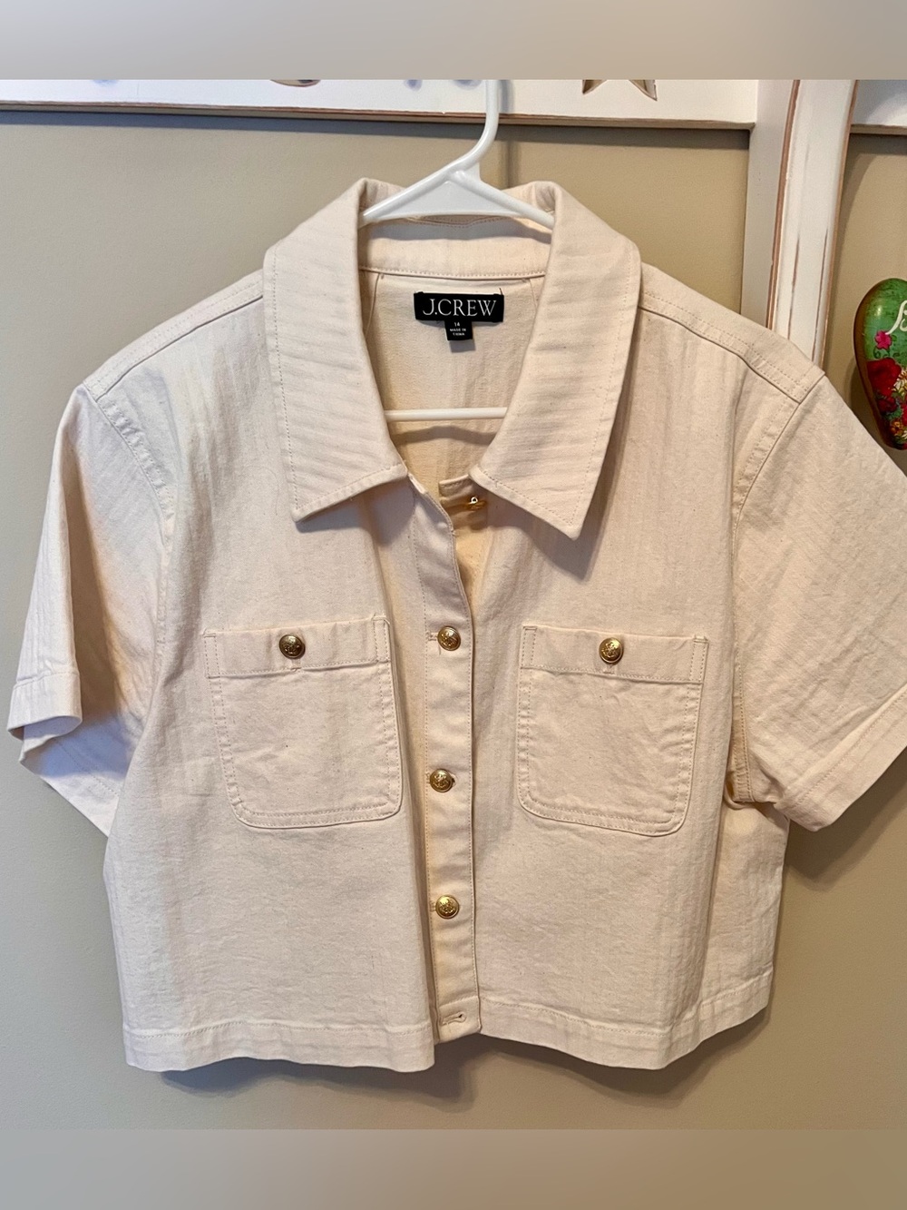 J. Crew Short Sleeve Ecru Denim Button-Front Pocket Shirt/Jacket